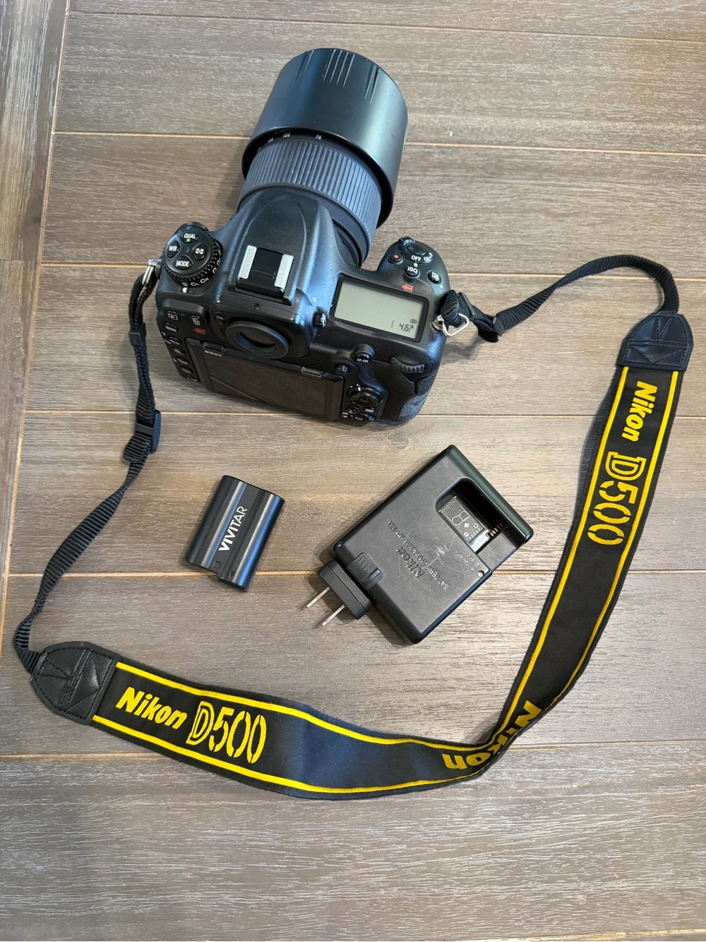 Nikon Black DSLR Camera with Yellow-Trim Nikon D500 Strap